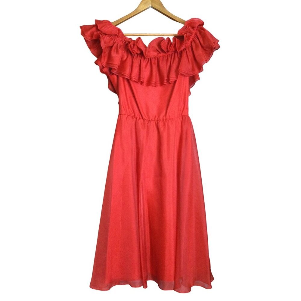 Vintage Lilli Diamond Women's Ruffled Neck Fit & Flare Dress Formal Red Size 2